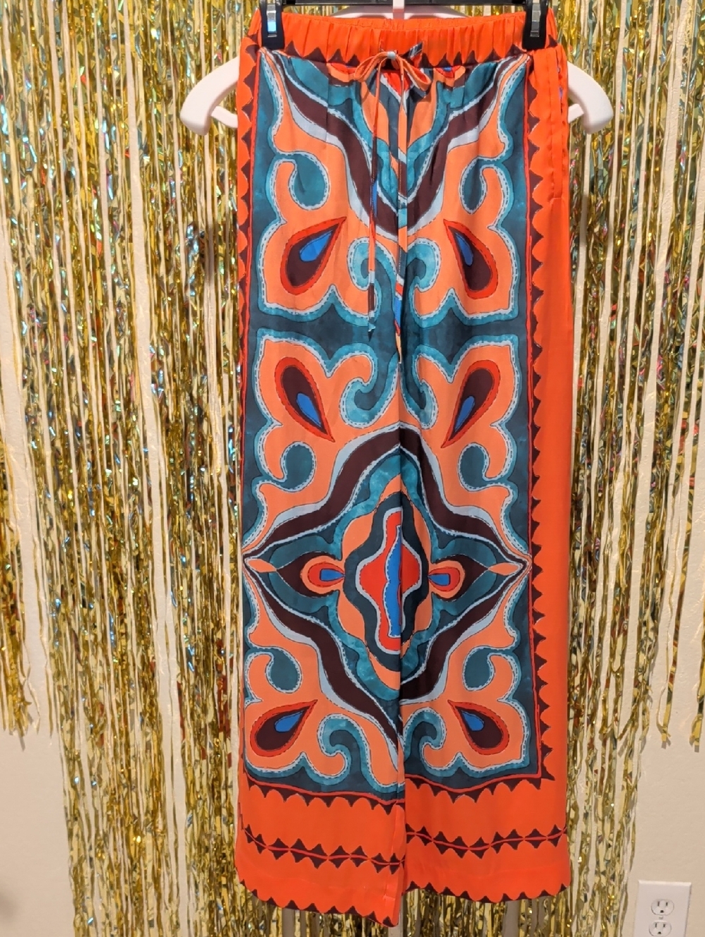 🔥Commense Boho Flare Pants, Orange Teal Print Wide Leg Pockets, Size S